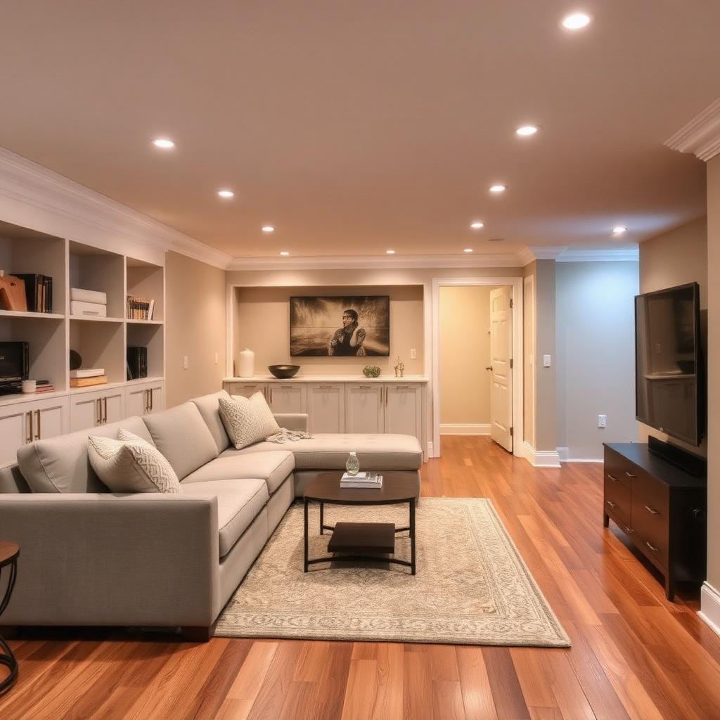 Finished basement with warm lighting and built-ins